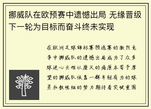 挪威队在欧预赛中遗憾出局 无缘晋级下一轮为目标而奋斗终未实现