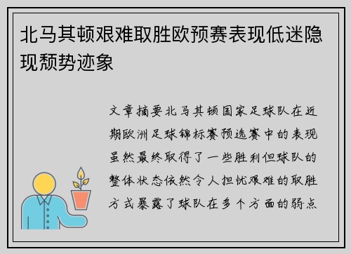 北马其顿艰难取胜欧预赛表现低迷隐现颓势迹象