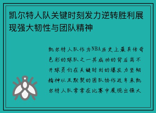 凯尔特人队关键时刻发力逆转胜利展现强大韧性与团队精神