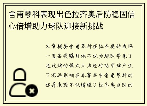 舍甫琴科表现出色拉齐奥后防稳固信心倍增助力球队迎接新挑战