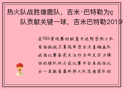 热火队战胜雄鹿队，吉米·巴特勒为球队贡献关键一球，吉米巴特勒2019赛季热火集锦