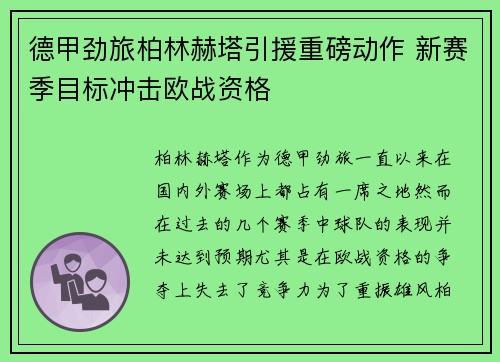 德甲劲旅柏林赫塔引援重磅动作 新赛季目标冲击欧战资格